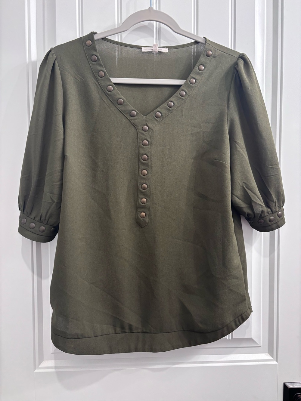 41 Hawthorn Olive Stud-Trim V-Neck Puff Sleeve Blouse